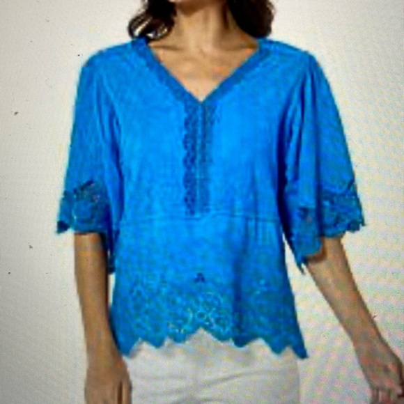 Democracy Tops - Democracy Woven Cotten Crochet Trim Peplum Top Cerulean Blue S